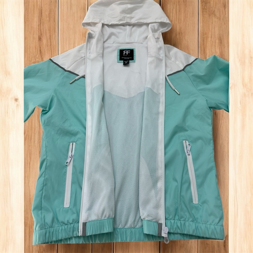 Stylish Teal and White Hooded Raincoat - Picture 4 of 7
